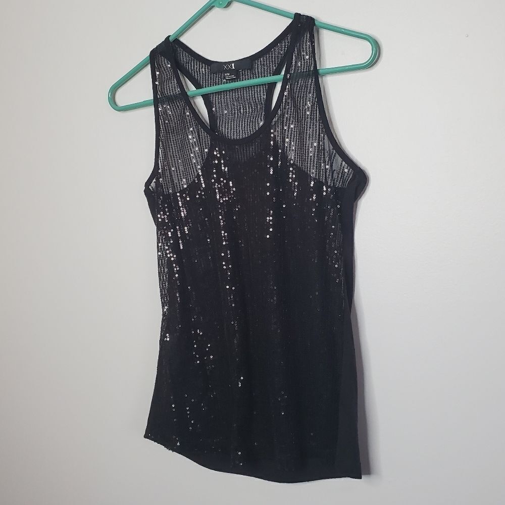Forever 21 M Black Sequin Sheer Tank Top 2000s Y2K Vintage